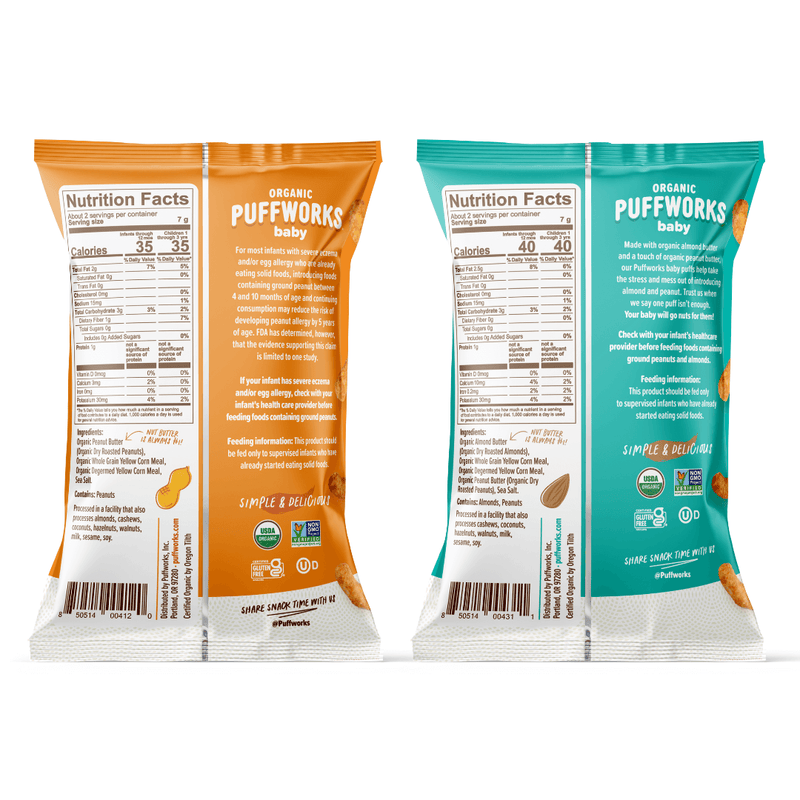 Puffworks baby Puffs Variety Pack: Peanut Butter and Almond Butter Puffs  (12-pack of .5oz bags)
