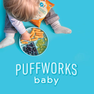 Baby eating puffs and Puffworks Baby logo