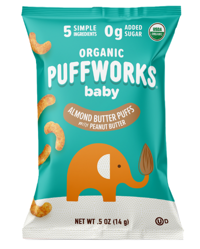 .5 oz bag of organic Puffworks baby almond butter puffs