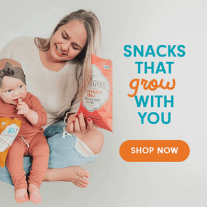 Snacks that grow with you. Mom and daughter eating puffs.